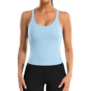 Ribbed Tank Top Built In Bra Yoga Workout Top Athletic Racerback‎